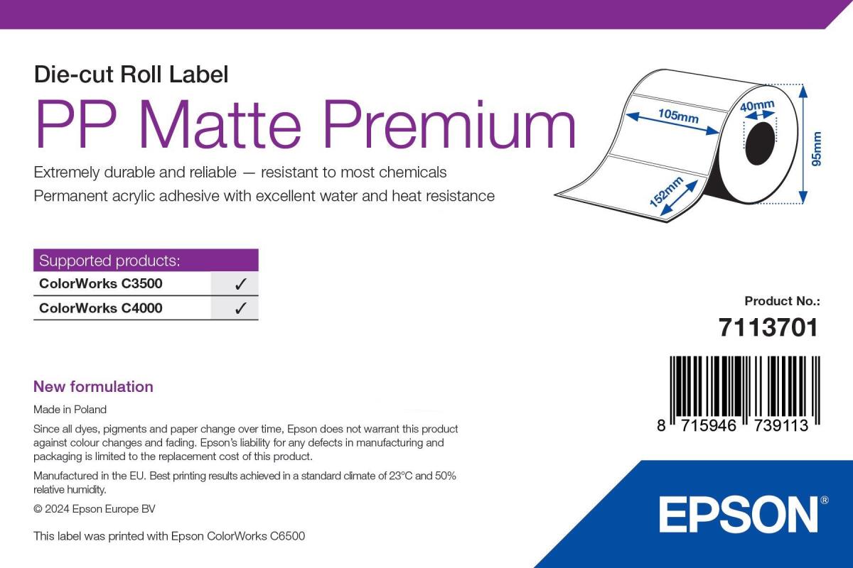 EPSON Pp Matte Label Premium Die-cut Roll 105mm X 152mm 185 Labels