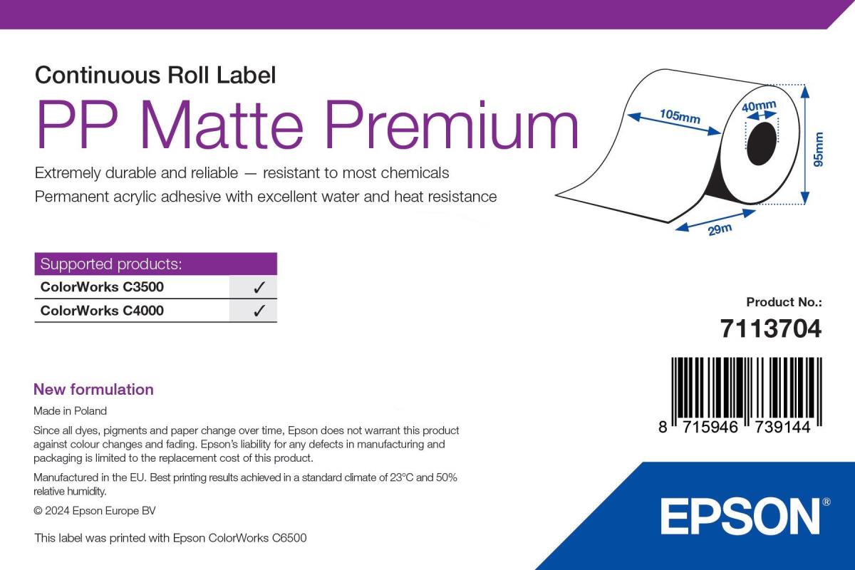 EPSON Pp Matte Label Premium Continuous Roll 105mm X 29m