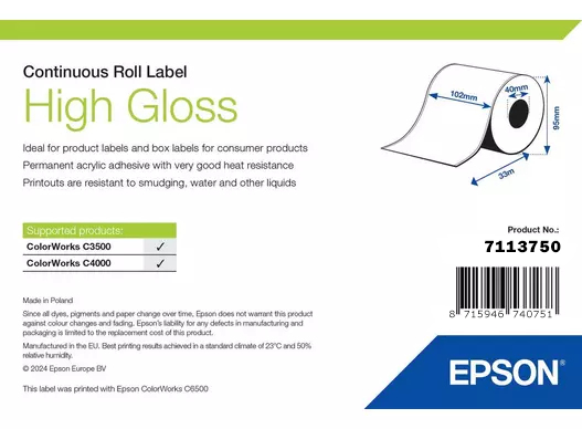 EPSON High Gloss Label Continuous Roll 102mm X 33m