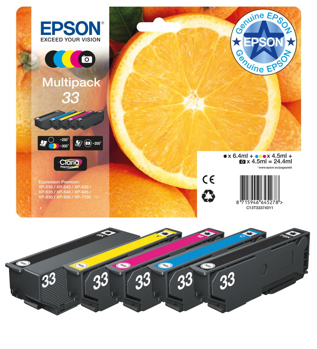 EPSON Ink Cartridge - 33 Oranges - 24.4ml Black/ Yellow / Cyan / Magenta / Photo Black