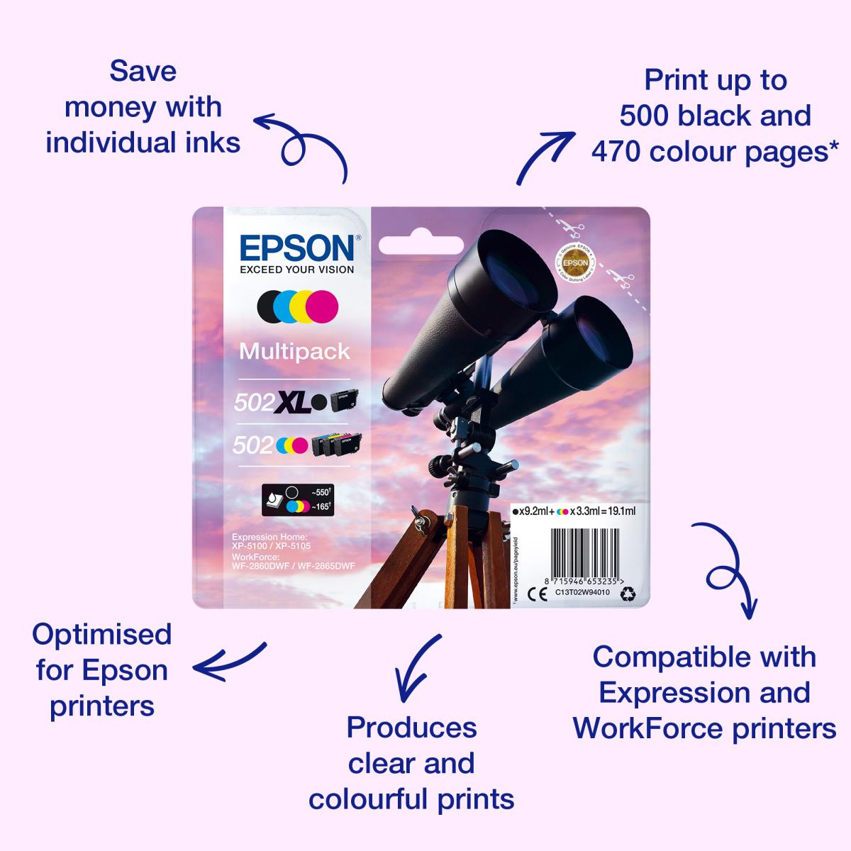 EPSON Ink Cartridge - 502 Binocular - 4.6ml Black - 3.3 Cyan/ Magent/ Yellow