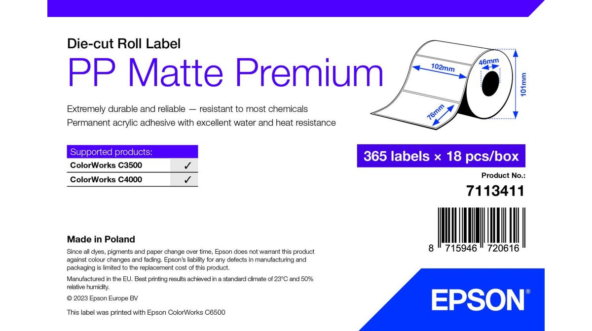 EPSON Pp Matte Label Premium - 102x76mm - White - Die-cut Roll (18 Rolls Of 365 Labels)