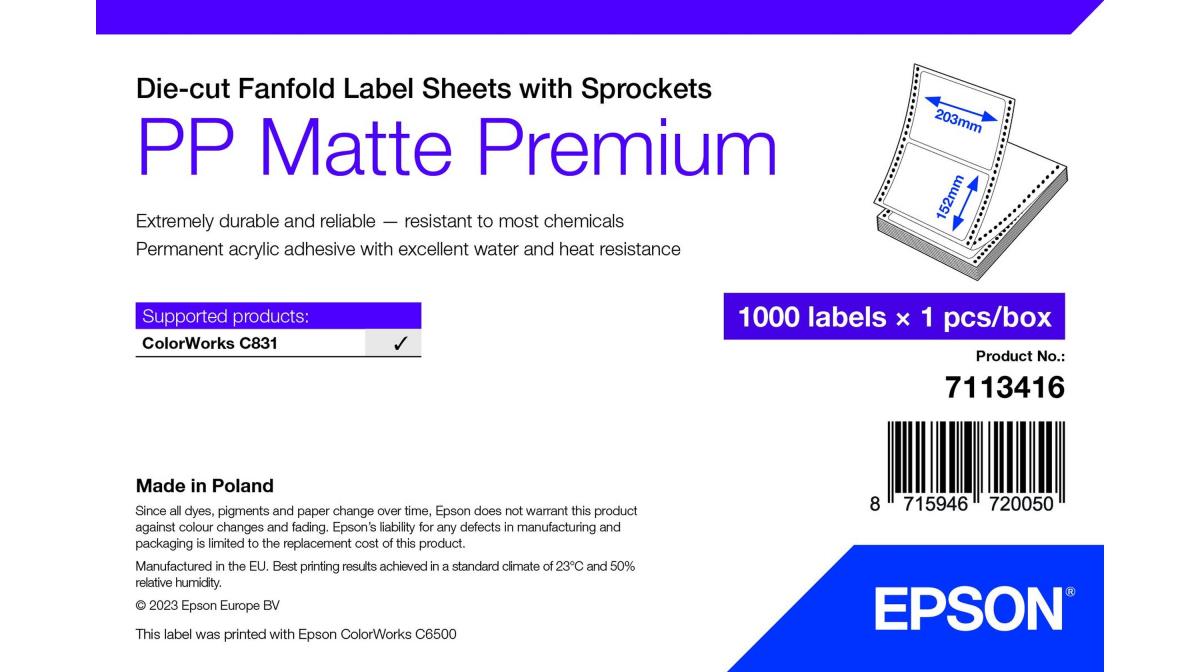 EPSON Pp Matte Label Premium, Die-cut Fanfold Sheets With Sprockets, 203mm X 152mm, 1000 Labels