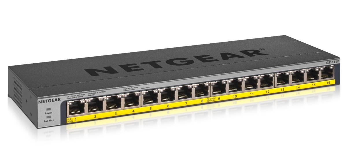 NETGEAR Unmanaged Switch PoE+ GS116LP 16-Port GbE with FlexPoE (76W)