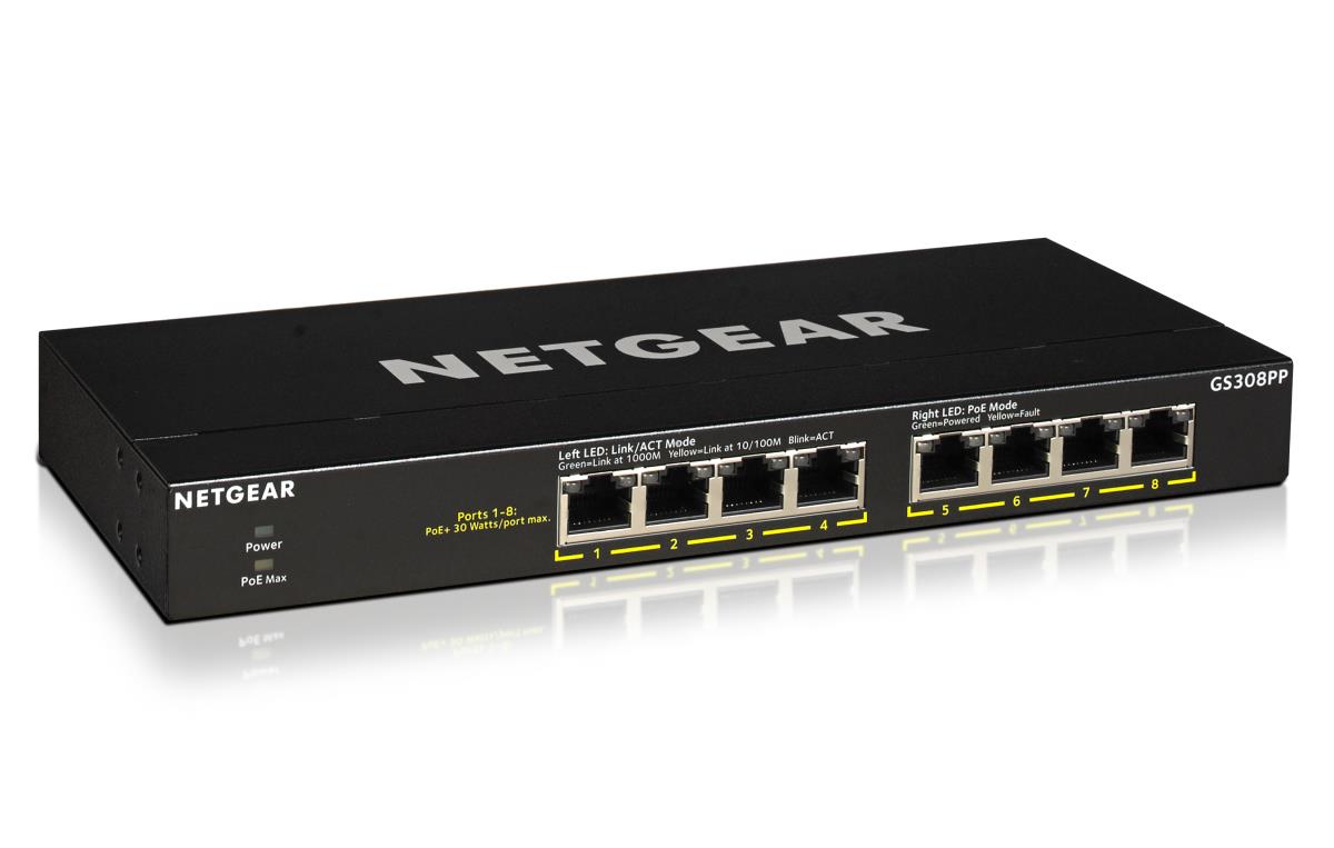 NETGEAR Unmanaged Essentials Switch PoE+ GS308PP - 8-Port GbE (83W)