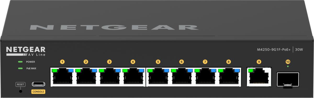 NETGEAR AV Line Managed Desktop Switch M4250-9G1F-PoE+ (GSM4210PD) - 8x1G PoE+ 110W 1x1G and 1xSFP Port