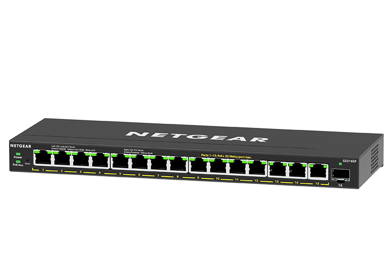 NETGEAR Managed Easy Smart Essentials Switch PoE+ GS316EP 16-Port GbE (180W) with 1 SFP Port