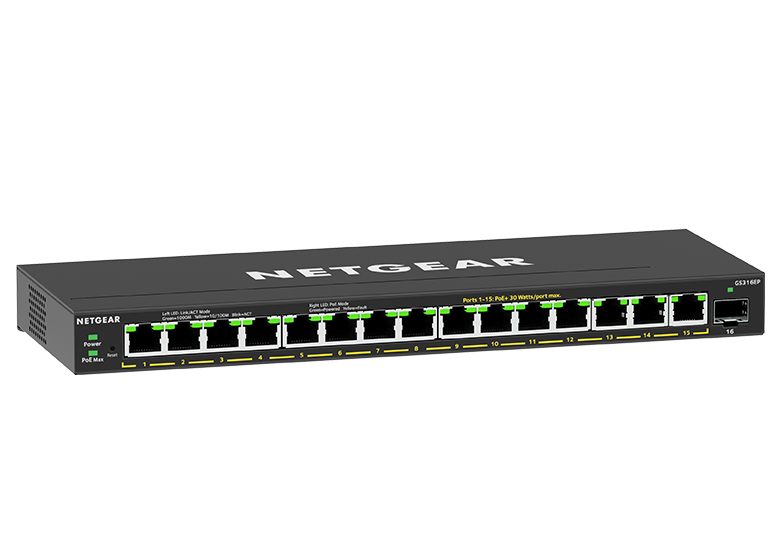 NETGEAR Managed Easy Smart Essentials Switch PoE+ GS316EP 16-Port GbE (180W) with 1 SFP Port
