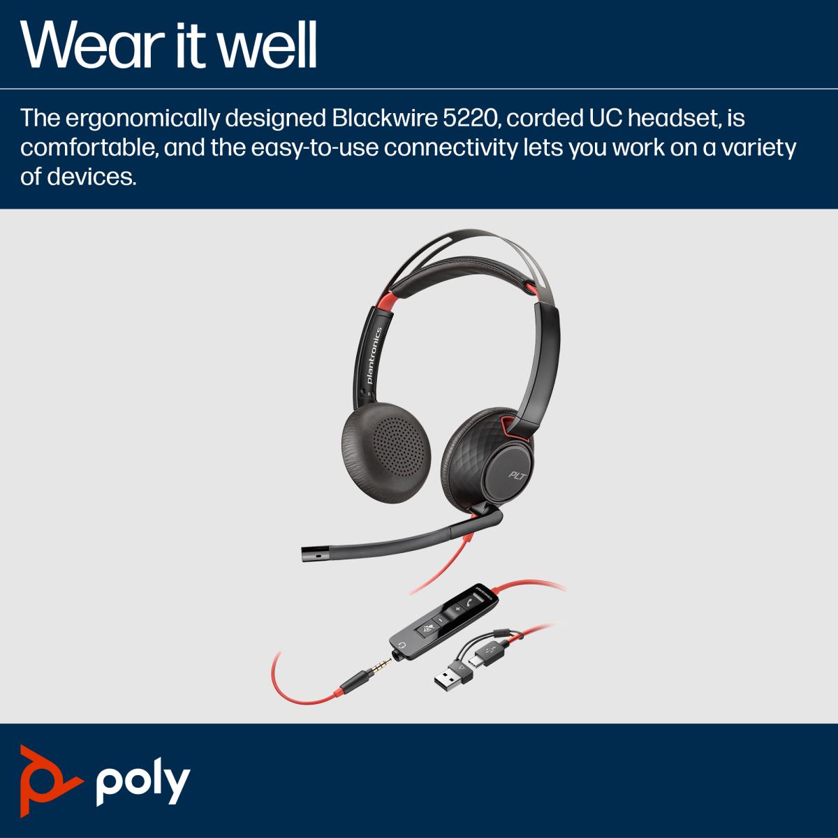 HP Headset Blackwire 5220 - Stereo - USB-C / USB-A / 3.5mm