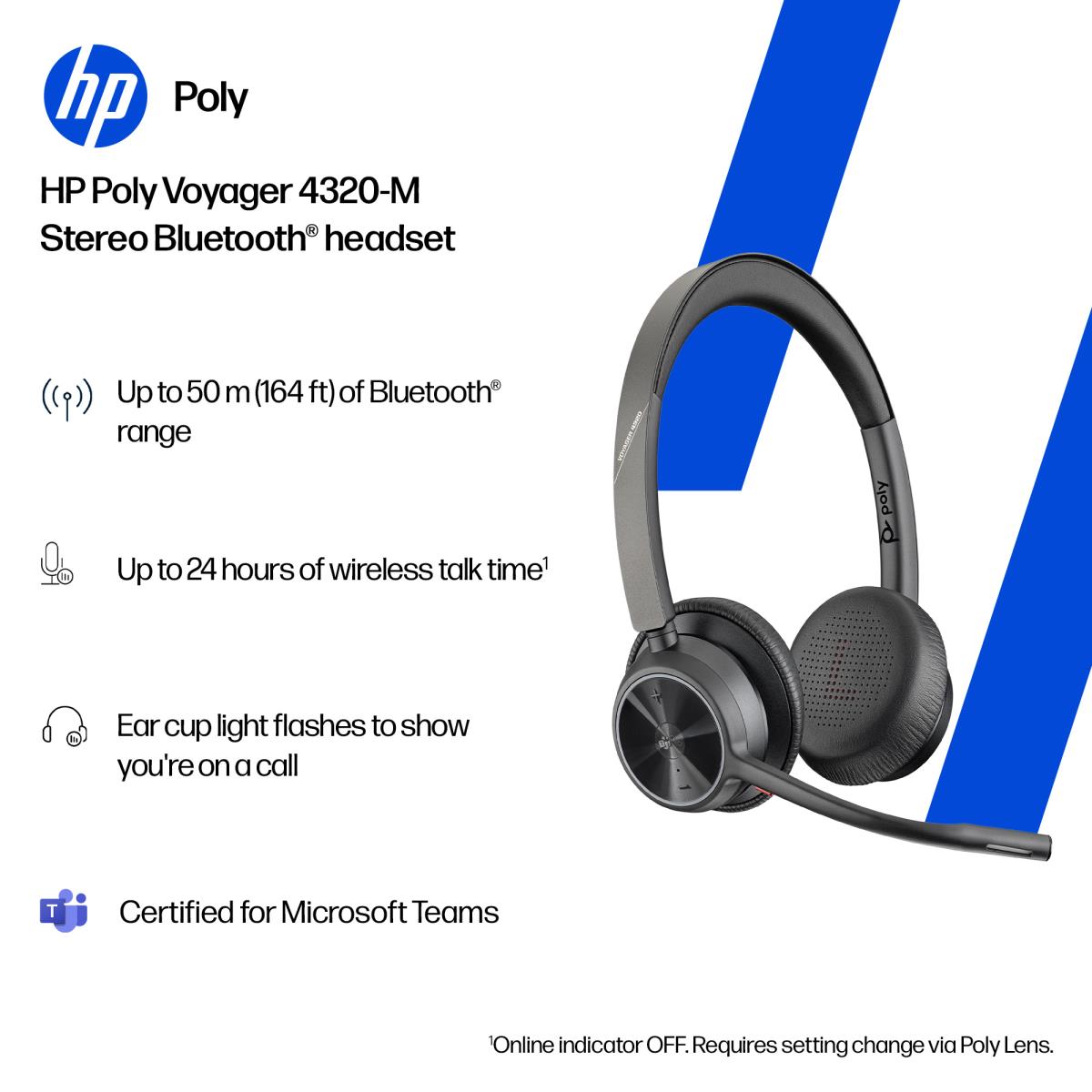 HP Headset Voyager 4320 Microsoft Teams Certified - Stereo - USB-C Bluetooth - Without Charge Stand