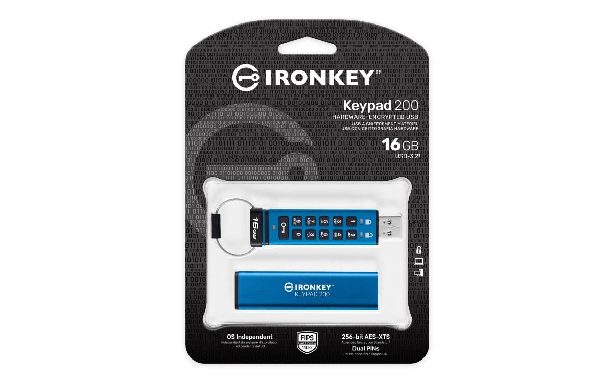 KINGSTON Ironkey Keypad 200 - 16GB USB Stick - USB 3.2 - FIPS 140-3 Level 3 (pending) With Aes 256-bit Encrypted