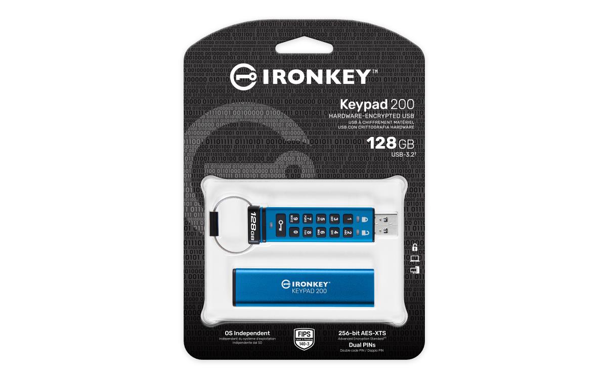 KINGSTON Ironkey Keypad 200 - 128GB USB Stick - USB 3.2 - FIPS 140-3 Level 3 (pending) With Aes 256-bit Encrypted
