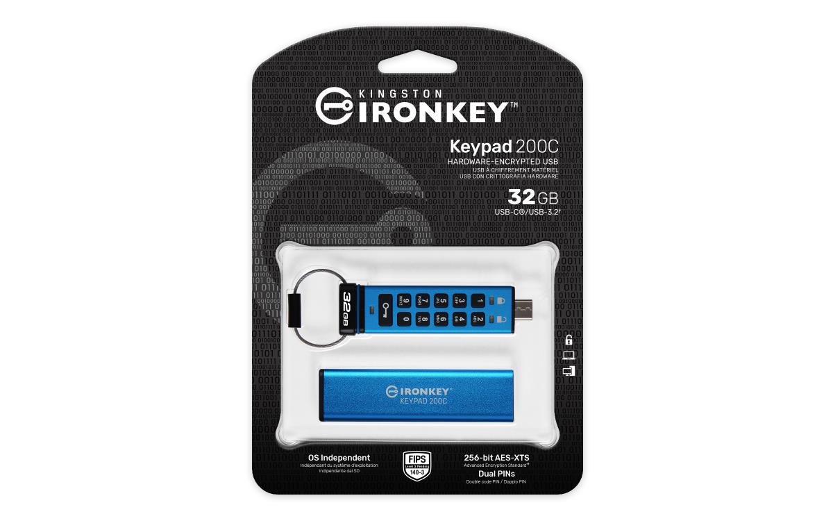 KINGSTON Ironkey Keypad 200c - 32GB USB Stick - USB 3.2 / USB-c - FIPS 140-3 Level 3 (pending) - Aes 256-bit Encrypted
