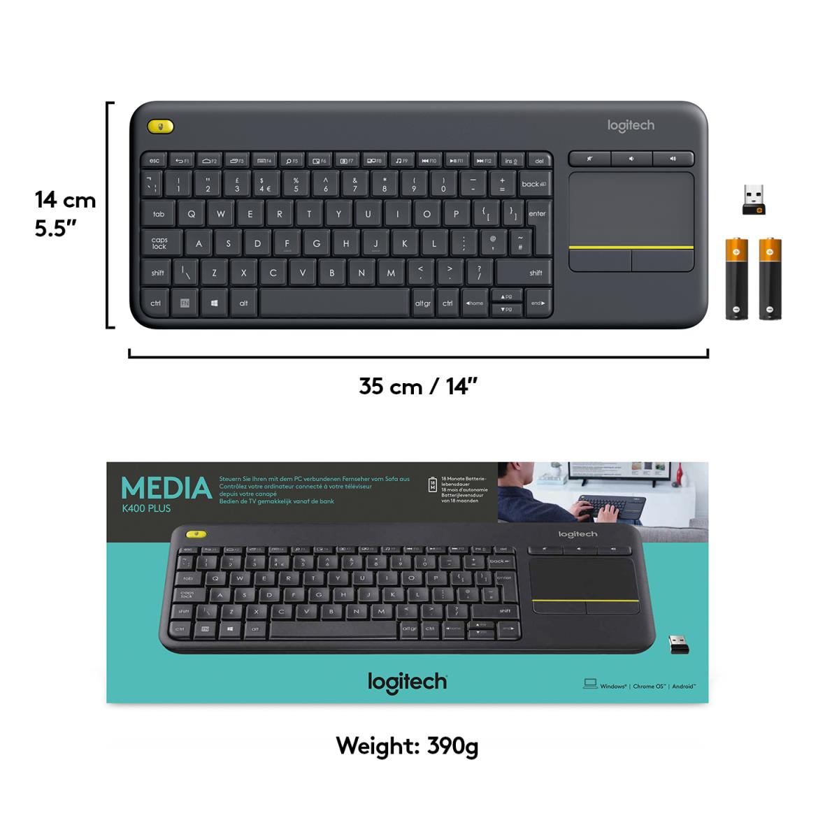 LOGITECH Wireless Touch Keyboard K400 Plus - Black - Qwertzu Swiss-Lux