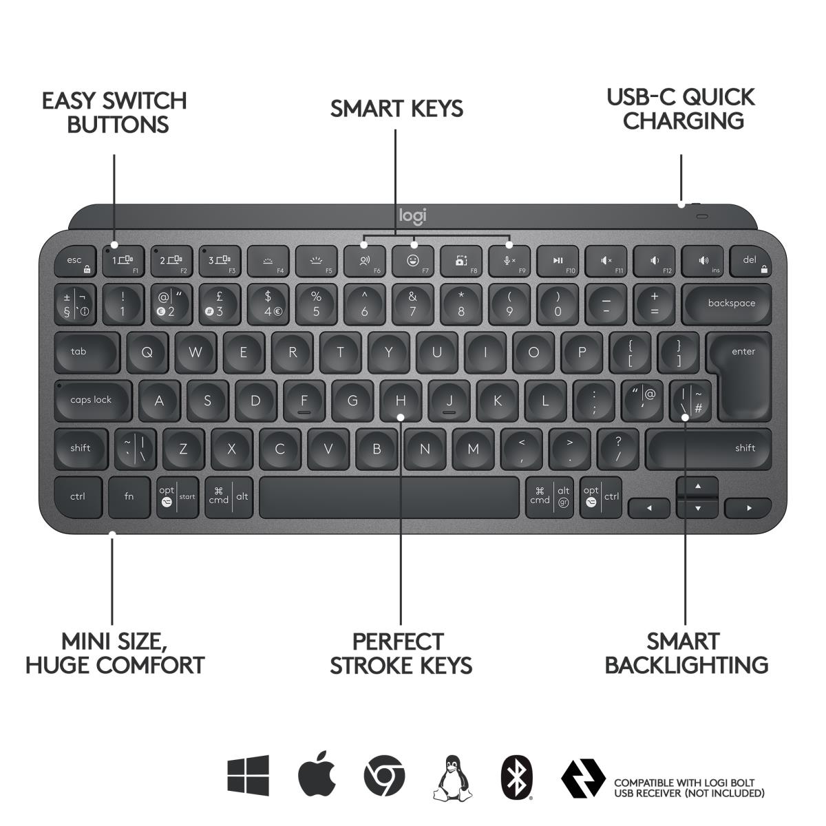 LOGITECH Mx Keys Mini Minimalist Wireless Illuminated Keyboard - Graphite - Qwerty Us/int''l