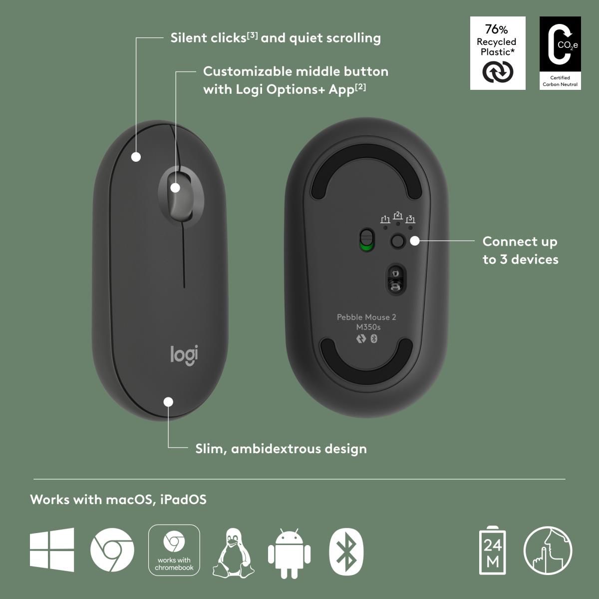 LOGITECH Pebble 2 M350s Wireless Optical Mouse Graphite