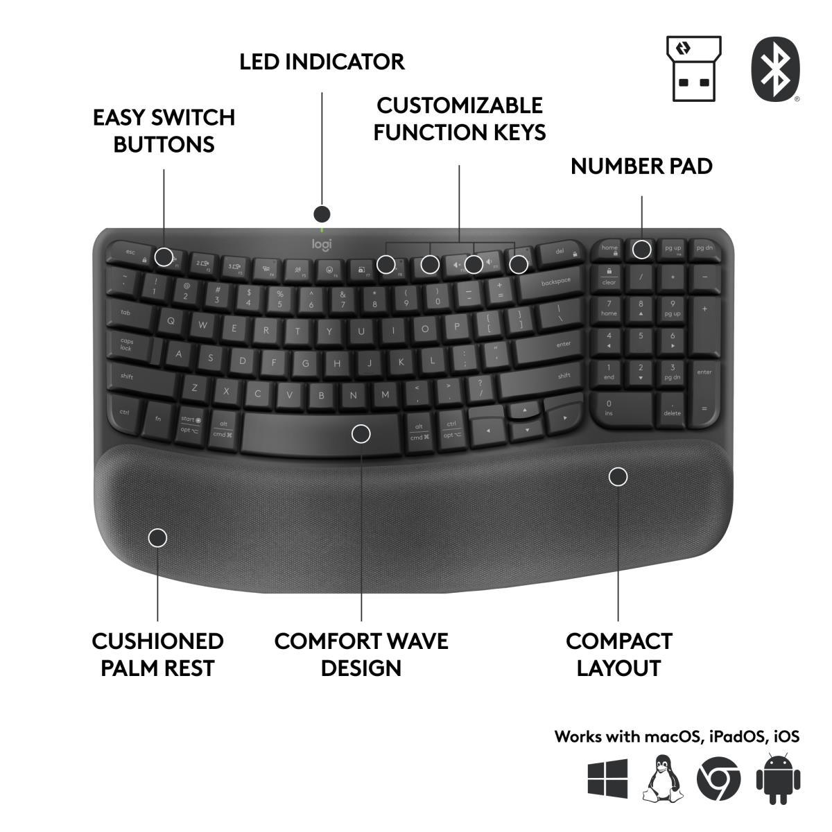 LOGITECH Wave Keys Ergonomic Keyboard Qwerty US/Int''''l - Graphite