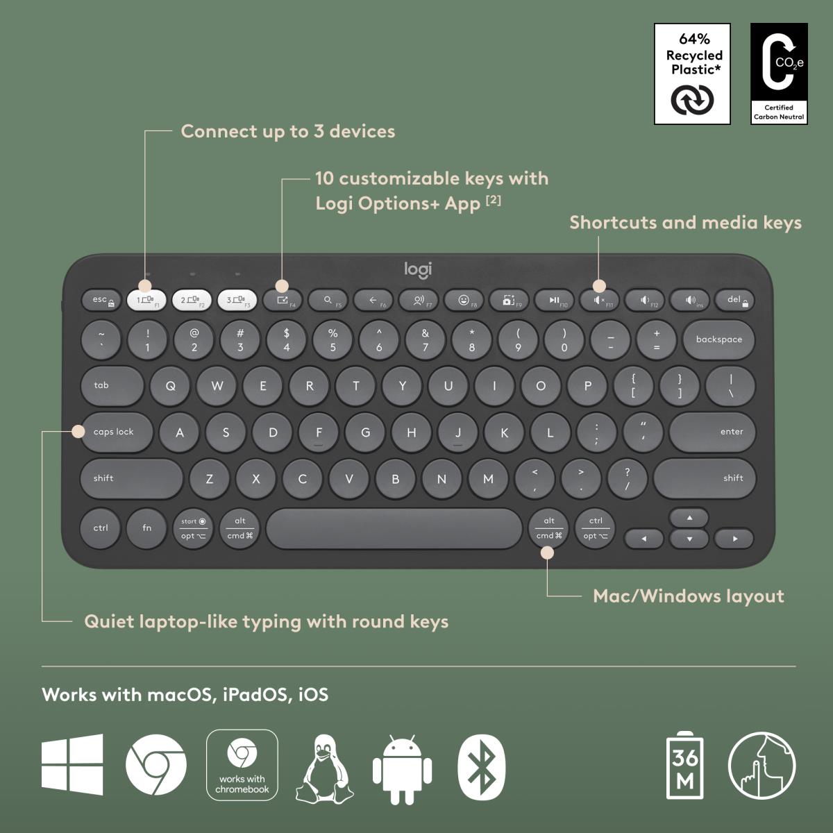 LOGITECH Pebble Keys 2 K380s - Compact Bluetooth Keyboard - Tonal Graphite - Qwerty US/Int'l