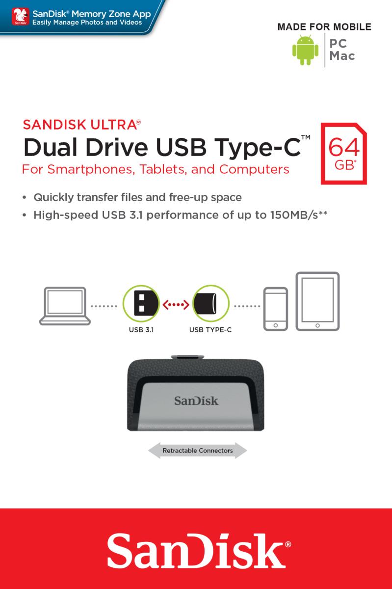 WESTERN DIGITAL SanDisk ULTRA DUAL DRIVE - 64GB USB Stick - USB TYPE-C / USB 3.1 - Black / Silver