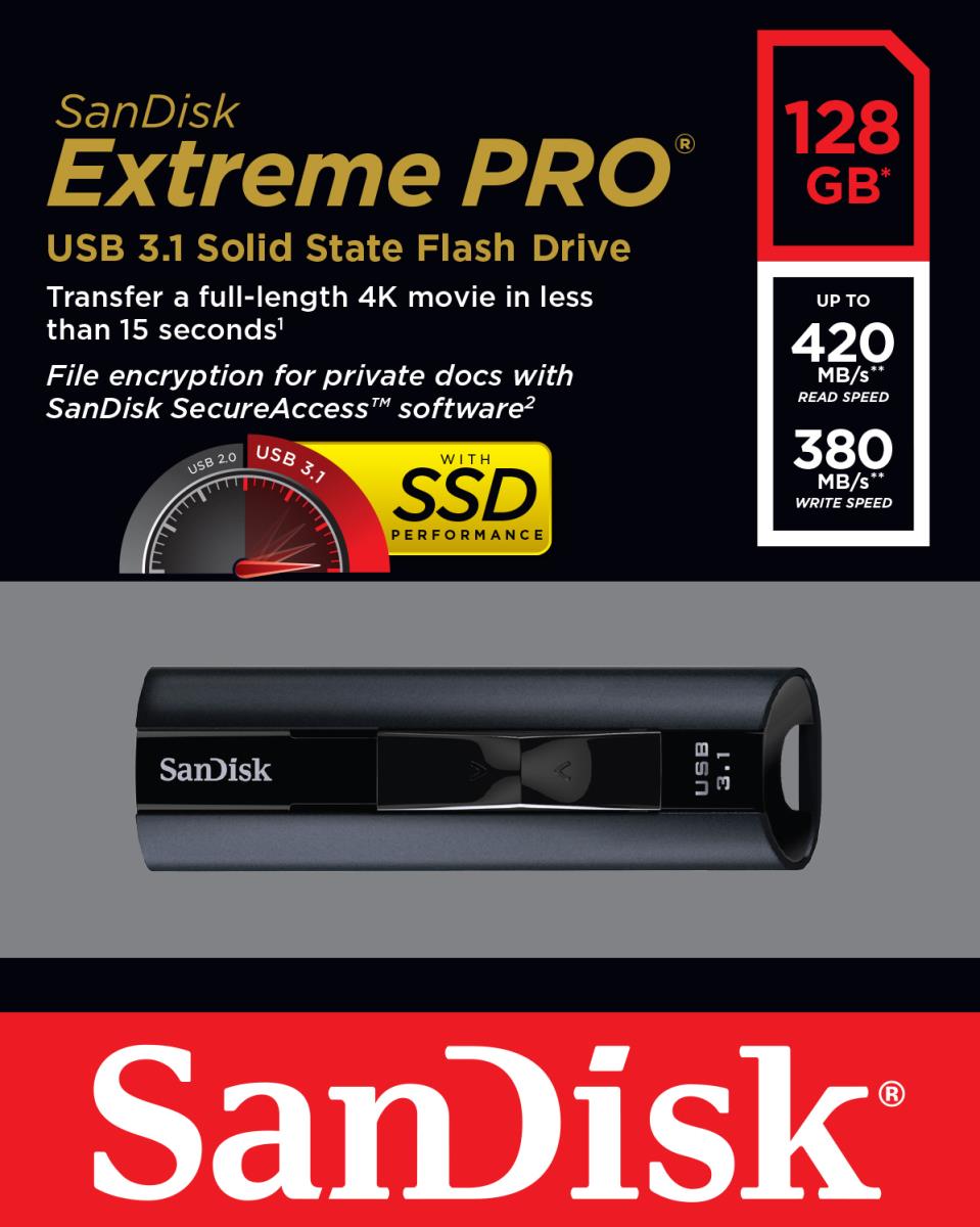 WESTERN DIGITAL SanDisk Extreme PRO - 128GB USB Stick - USB 3.1 - 420MB/s read