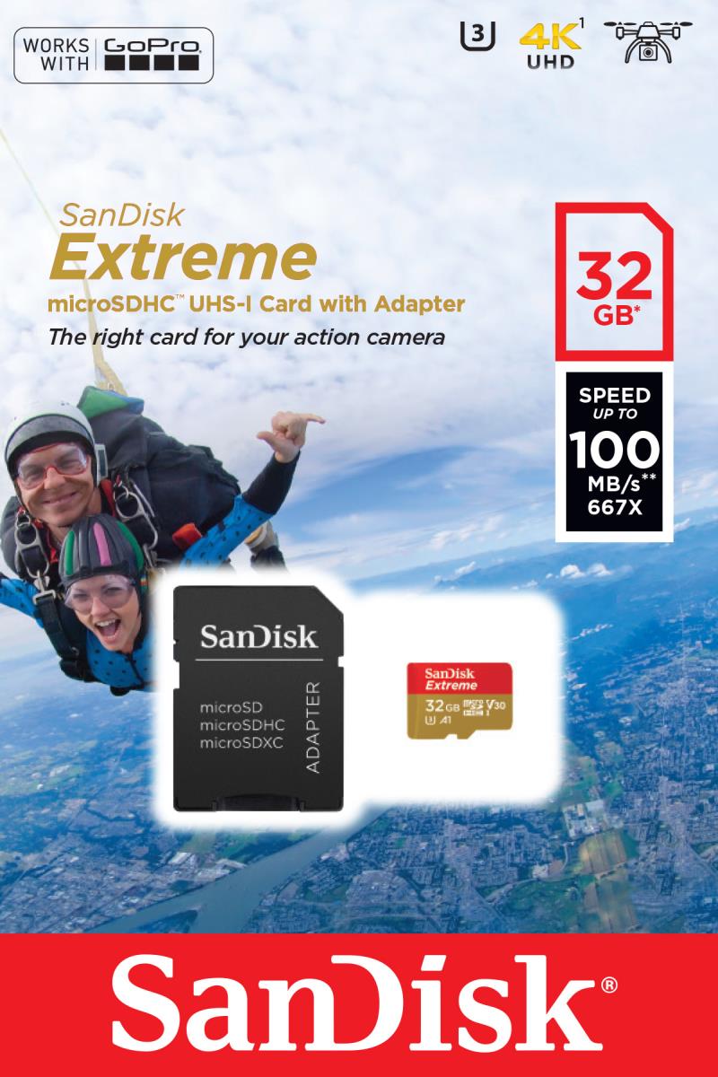 WESTERN DIGITAL SanDisk micro SDXC Extreme 32GB (A1/ V30/ U3/ UHS-I/ Cl.10/ R100/ W60) + Adapter for Action Cam