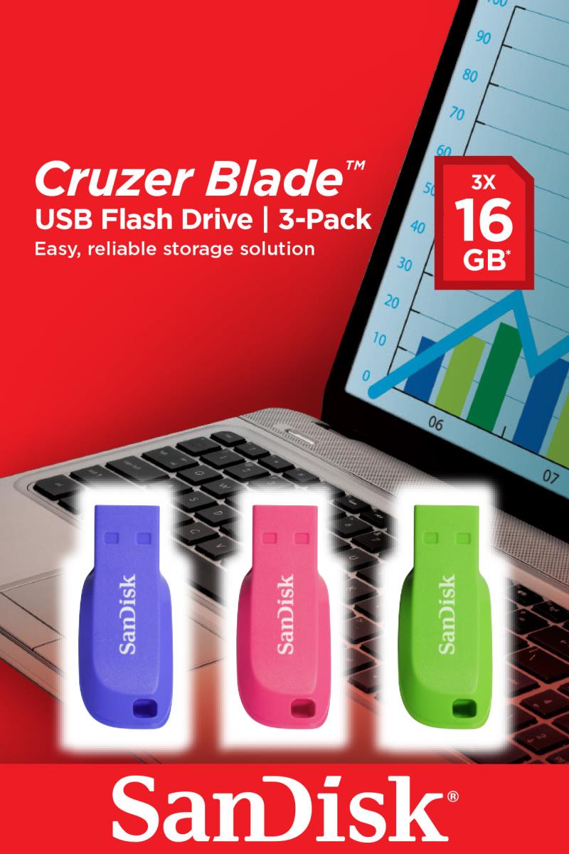 WESTERN DIGITAL SanDisk Cruzer Blade - 16GB USB Stick - USB 2.0 - blue, green, pink - 3Pk