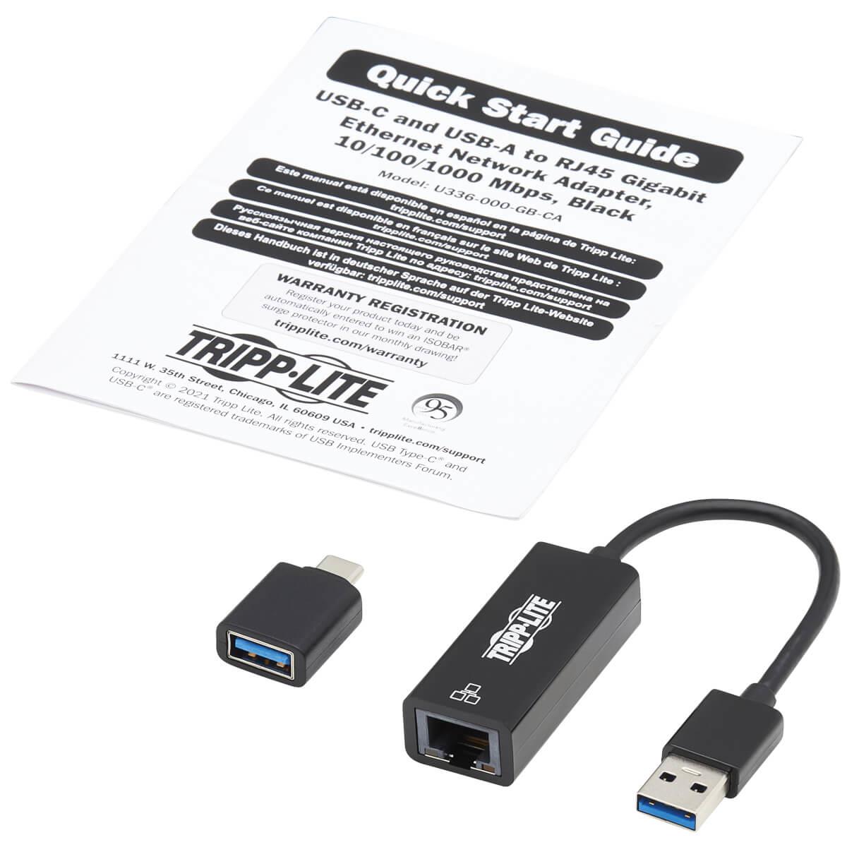 EATON CORPORATION TRIPP LITE USB-C, USB-A to RJ45 Gigabit Ethernet Network Adapter (2xM/F), USB 3.2 Gen 1, Black