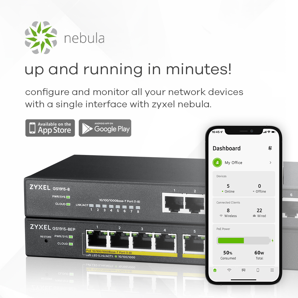 ZYXEL Gs1915 8ep - 60w Poe+ Gigabit Web Managed Switch Nebulaflex Compatible - 8 Port Gb