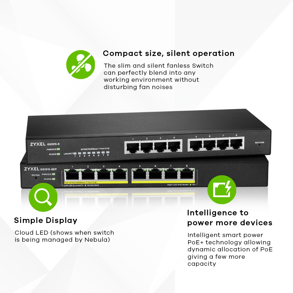 ZYXEL Gs1915 8ep - 60w Poe+ Gigabit Web Managed Switch Nebulaflex Compatible - 8 Port Gb