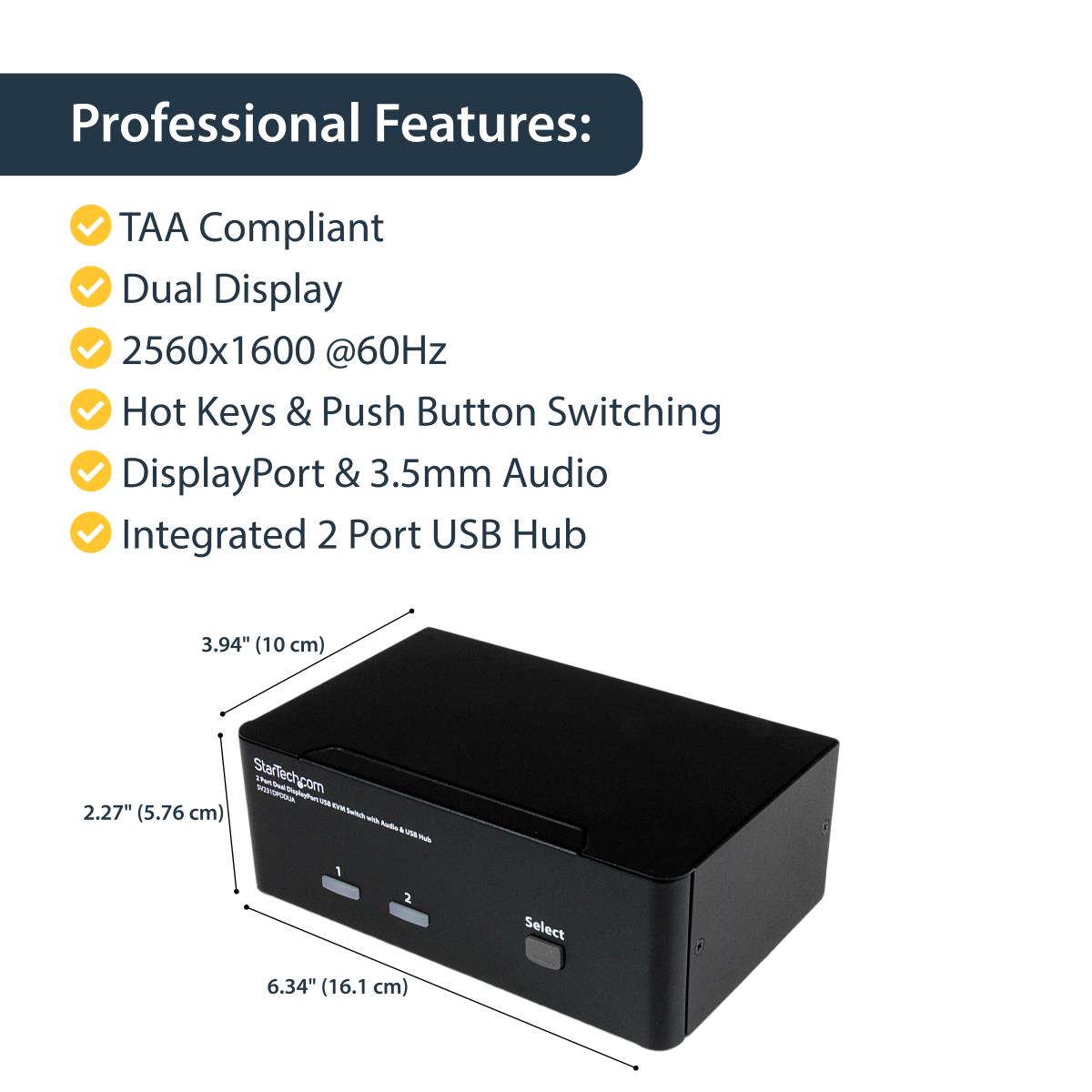 STARTECH.COM KVM Switch Dual DisplayPort USB W/ Audio & USB Hub 2 Port