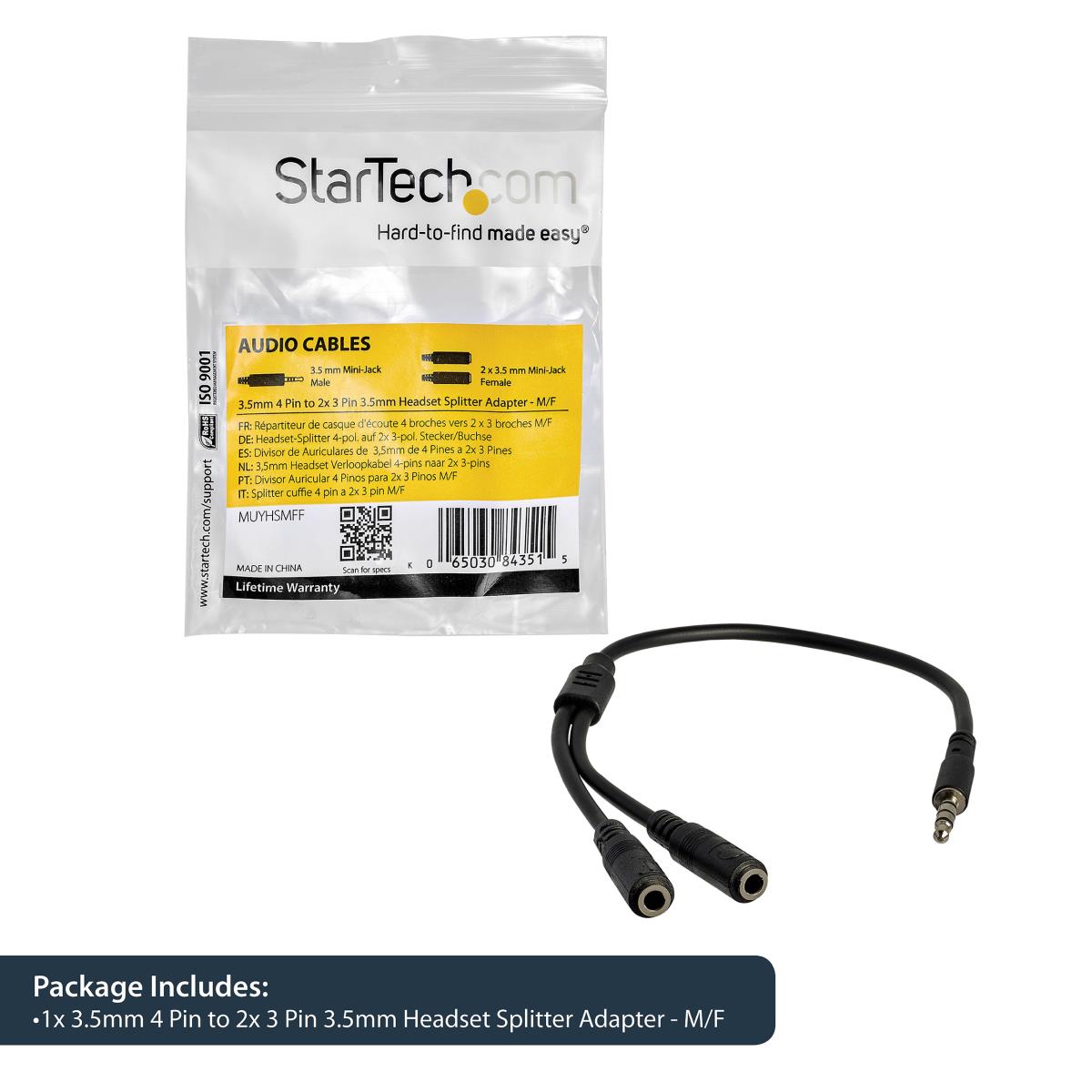 STARTECH.COM Headset Splitter Adapter 3.5mm 4 Pin To 2x 3 Pin 3.5mm - M/f