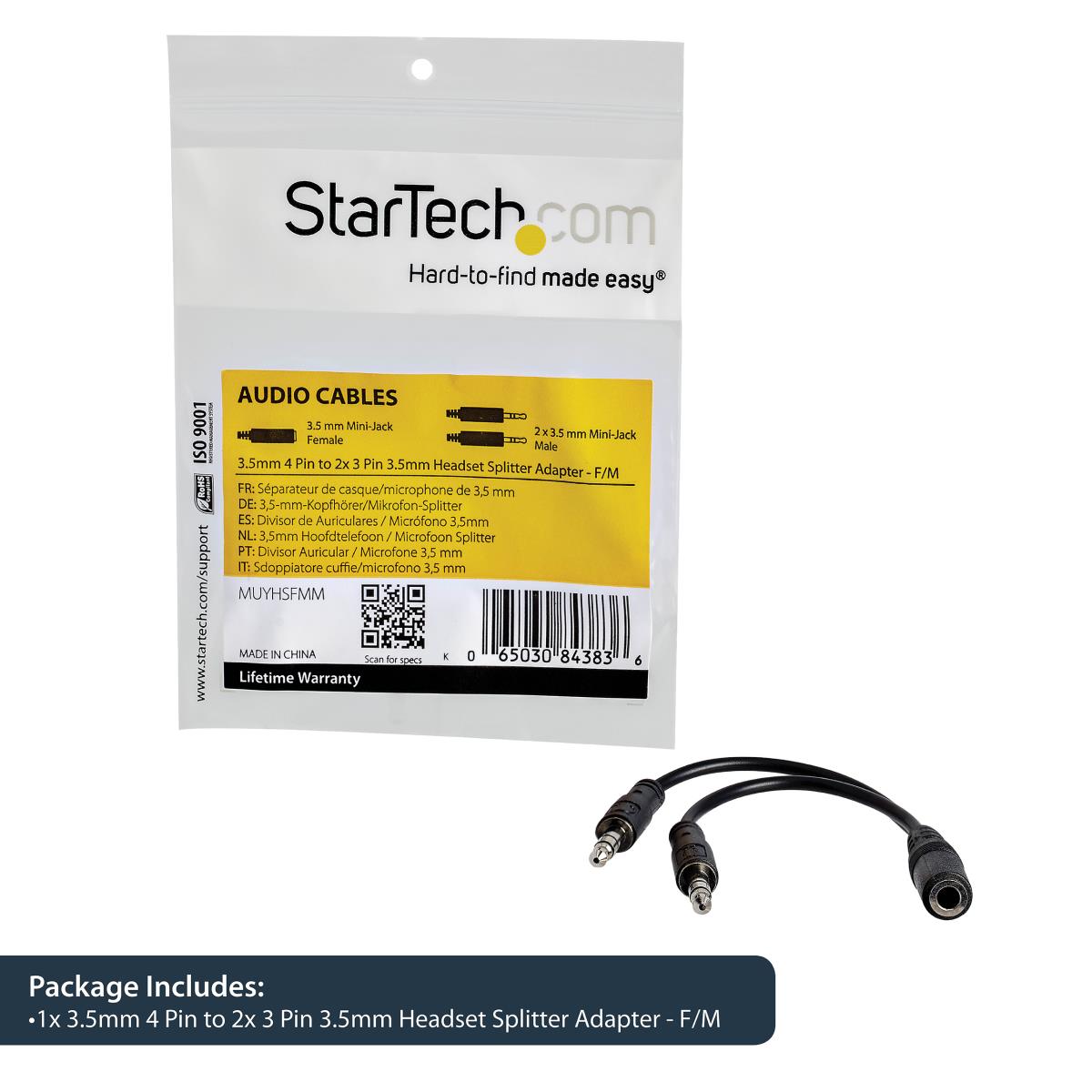STARTECH.COM Headset Splitter Adapter 3.5mm 4 Pin To 2x 3 Pin 3.5mm - F/m