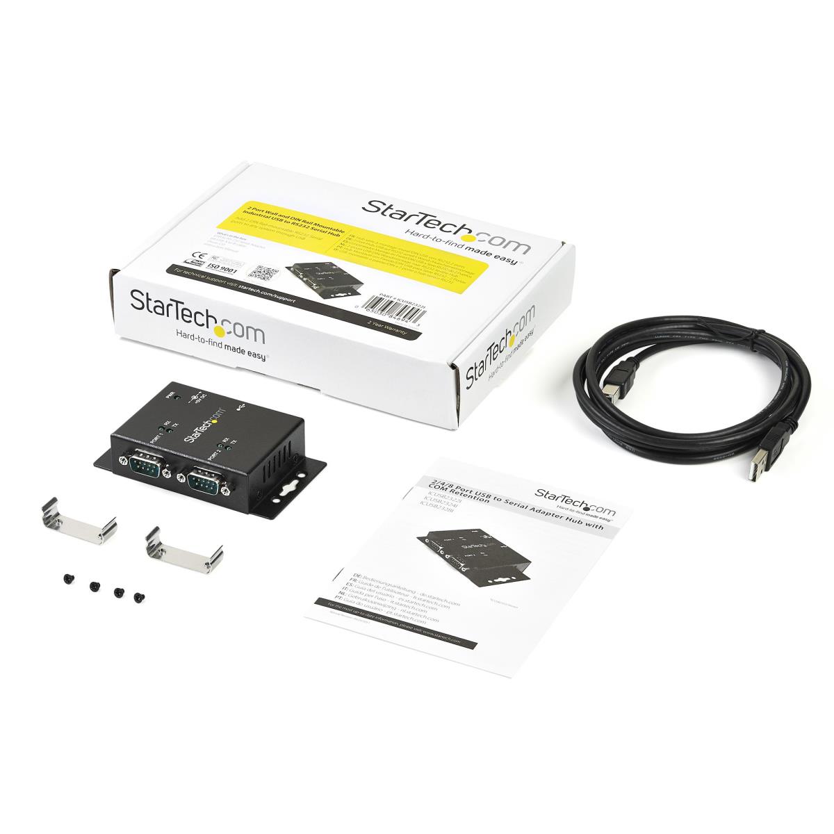 STARTECH.COM 2 Port Industrial Wall Mountable USB To Serial Adapter Hub With Din Rail ClIPS
