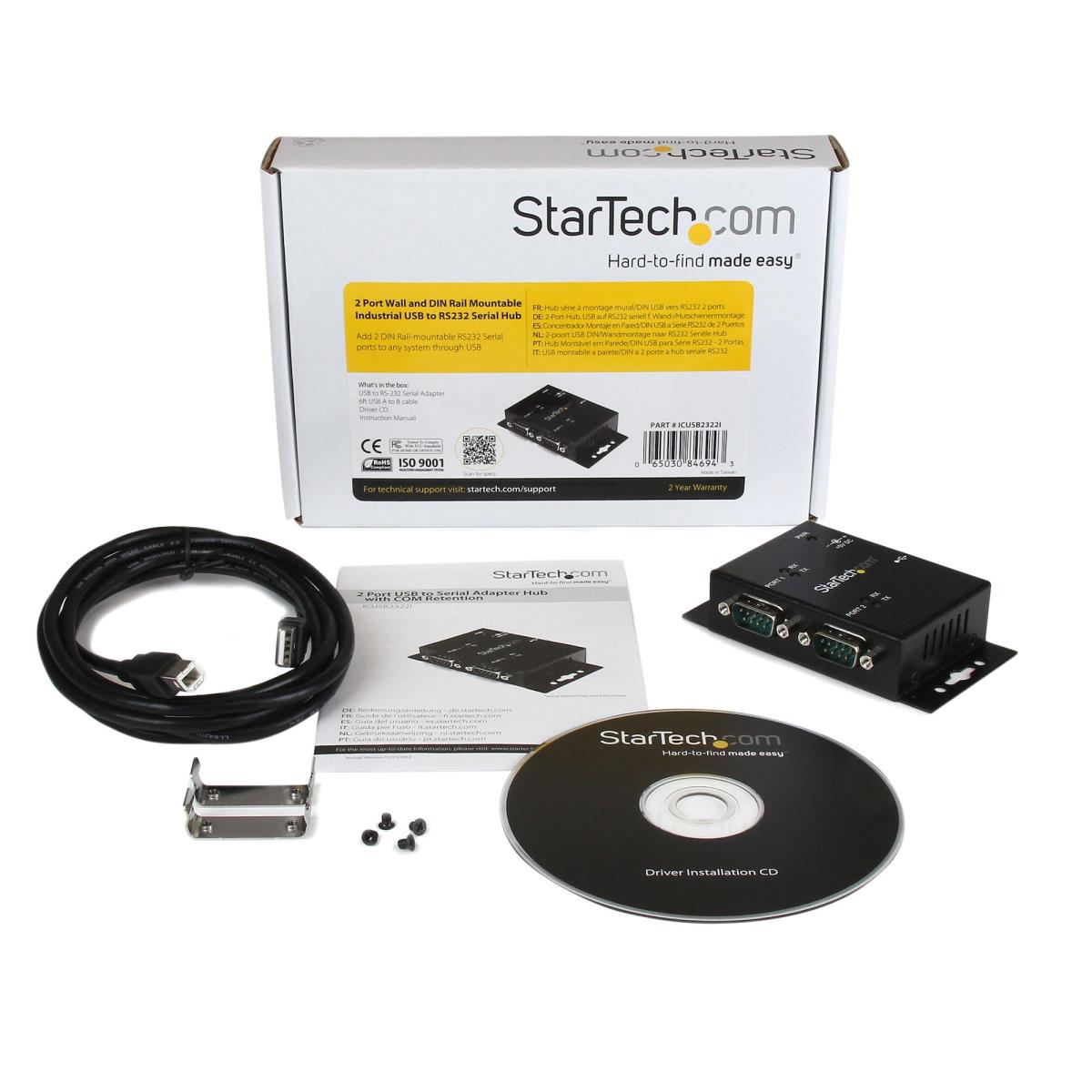 STARTECH.COM 2 Port Industrial Wall Mountable USB To Serial Adapter Hub With Din Rail ClIPS