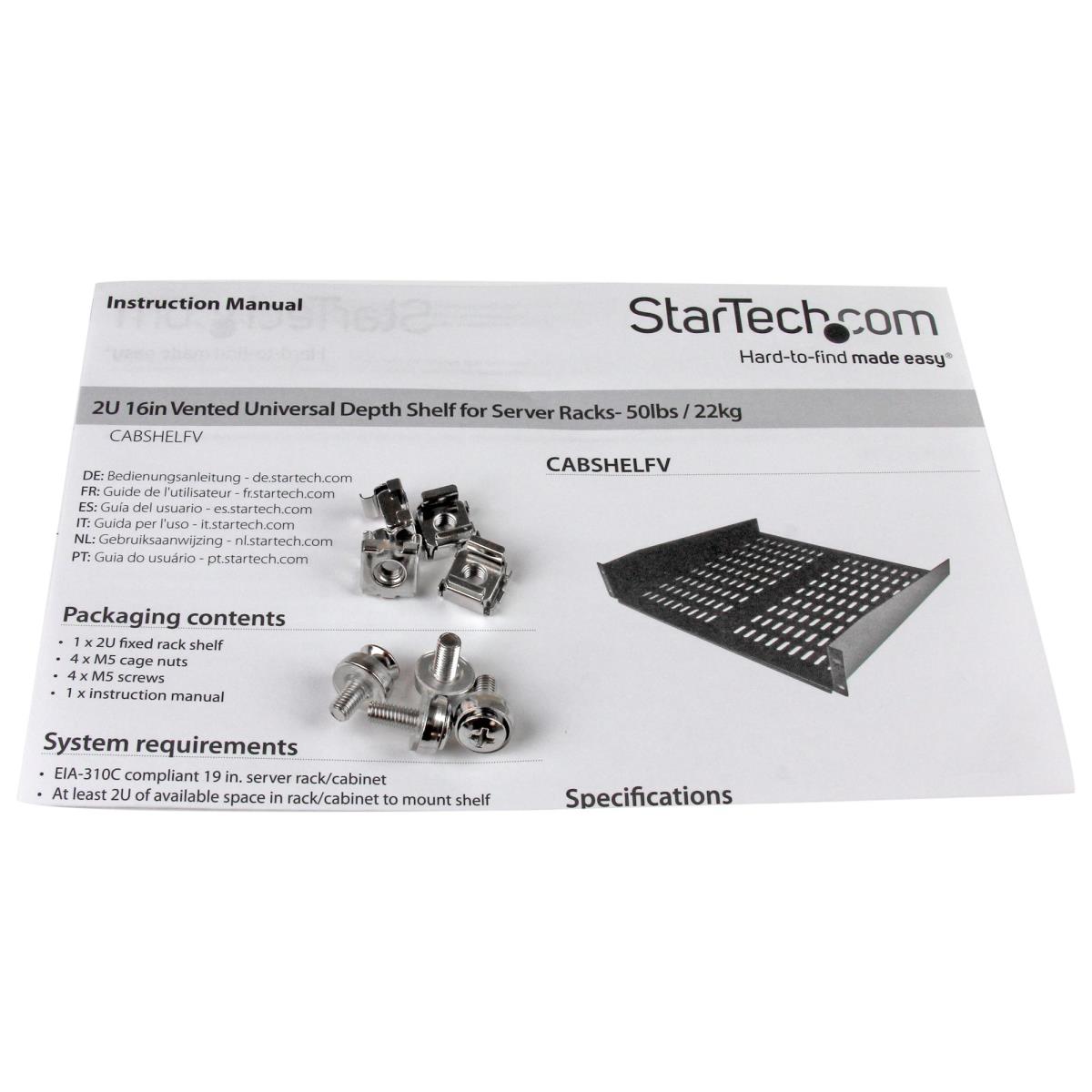 STARTECH.COM Univ Fixed Server Rack Shelf 2u Cantilever Shelf 50lbs 22kg