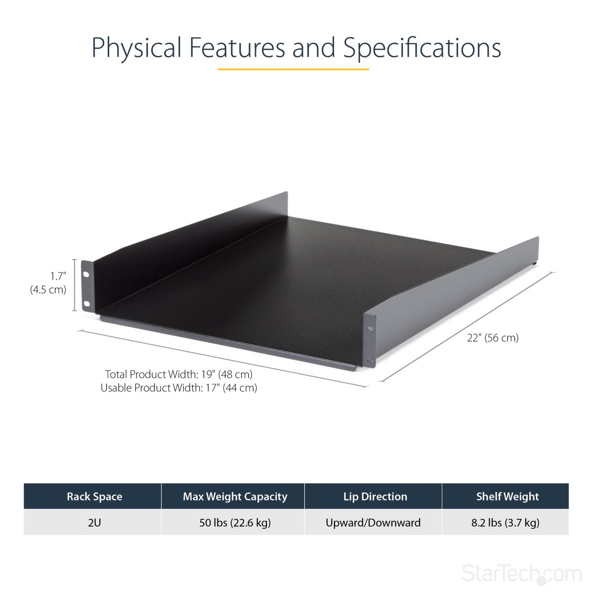 STARTECH.COM Fixed Server Rack Shelf2u 22in Cantilever Shelf 50lbs / 22kg