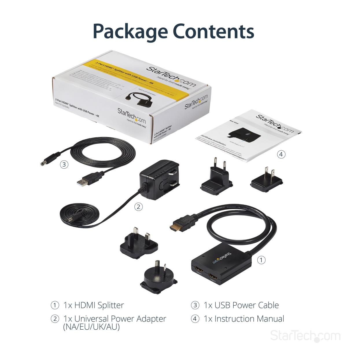STARTECH.COM Video Splitter Hdmi 2-port 4k Powered By USB Or Power Adapter