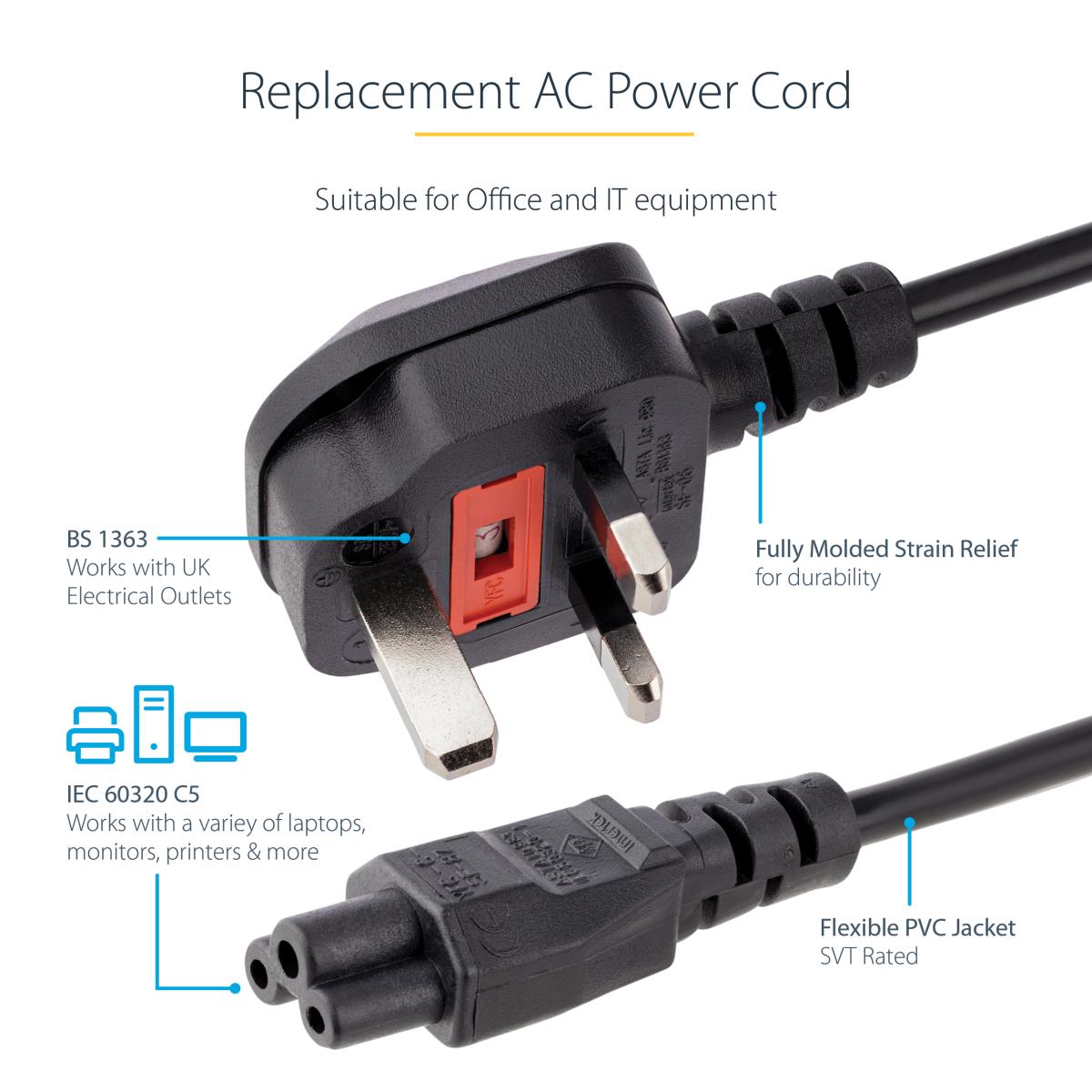 STARTECH.COM Laptop Power Cord - 3 Slot For Uk - Bs-1363 To C5 Clover Leaf Power Cable Lead 1m