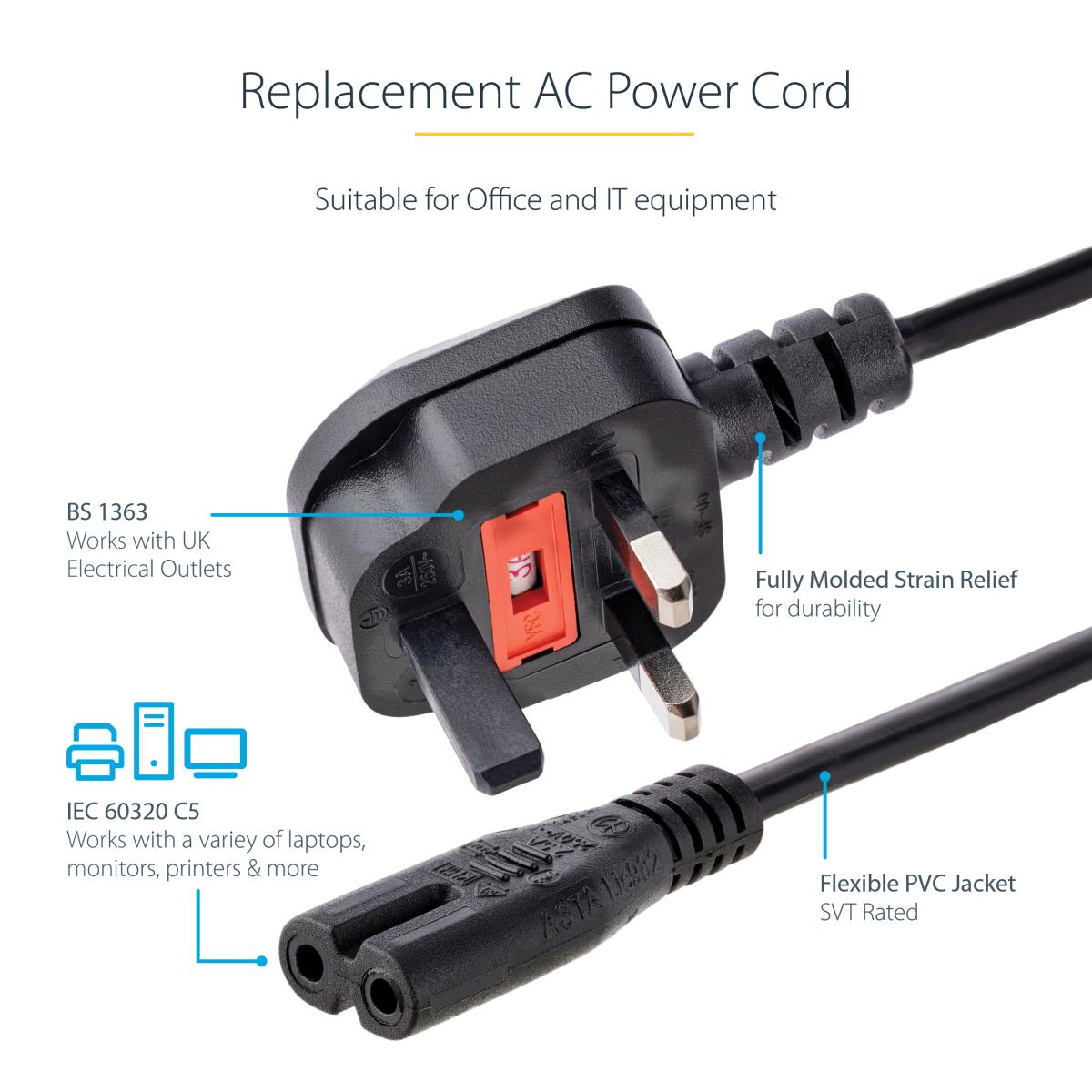 STARTECH.COM Laptop Power Cord - Uk Plug To Iec320 C7 Power Cord 1m