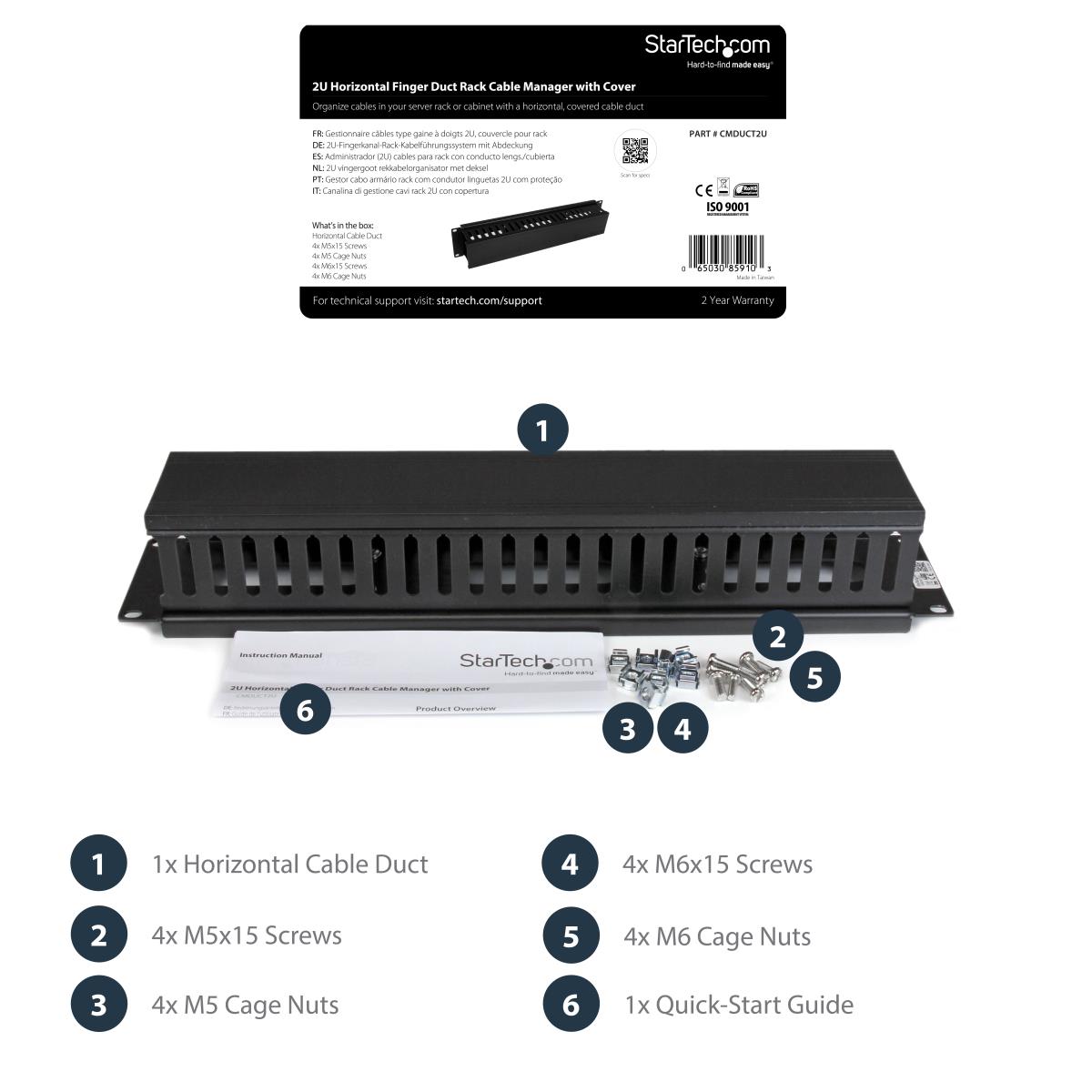 STARTECH.COM Horizontal Finger Duct Rack Cable Management Panel With Cover 2u