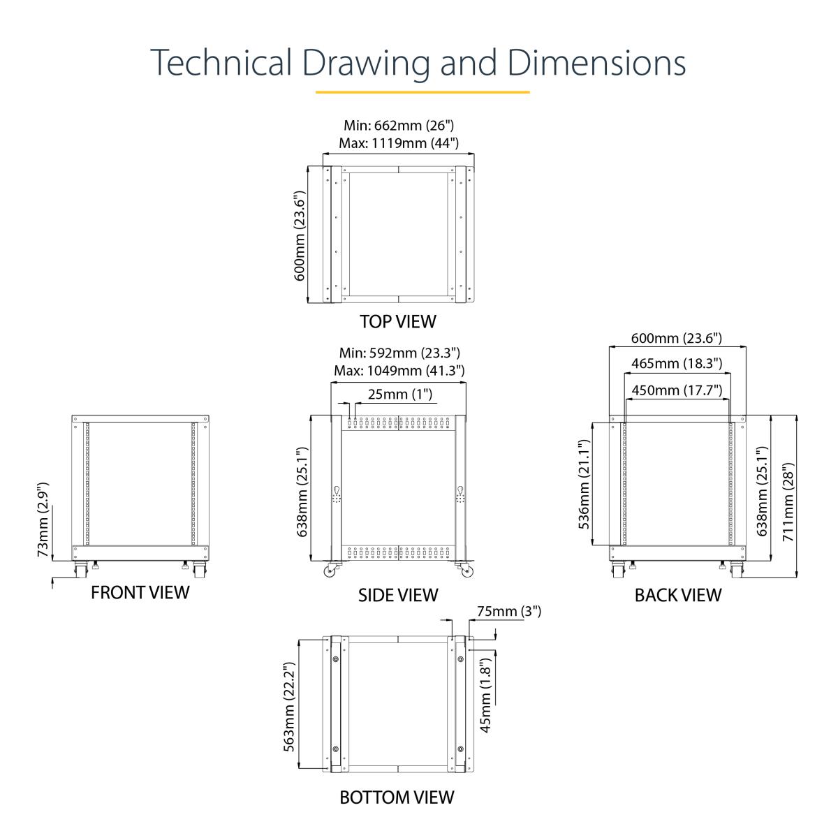 STARTECH.COM Server Rack - Open Frame Adjustable Depth 12u 4 Post Rack