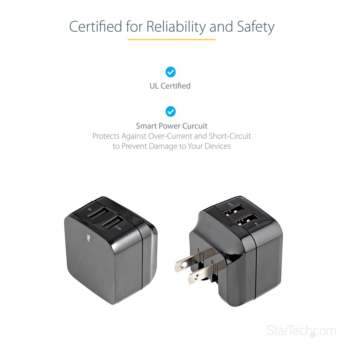 STARTECH.COM Dual-port USB Wall Charger - International Travel - 17w/3.4a - Black