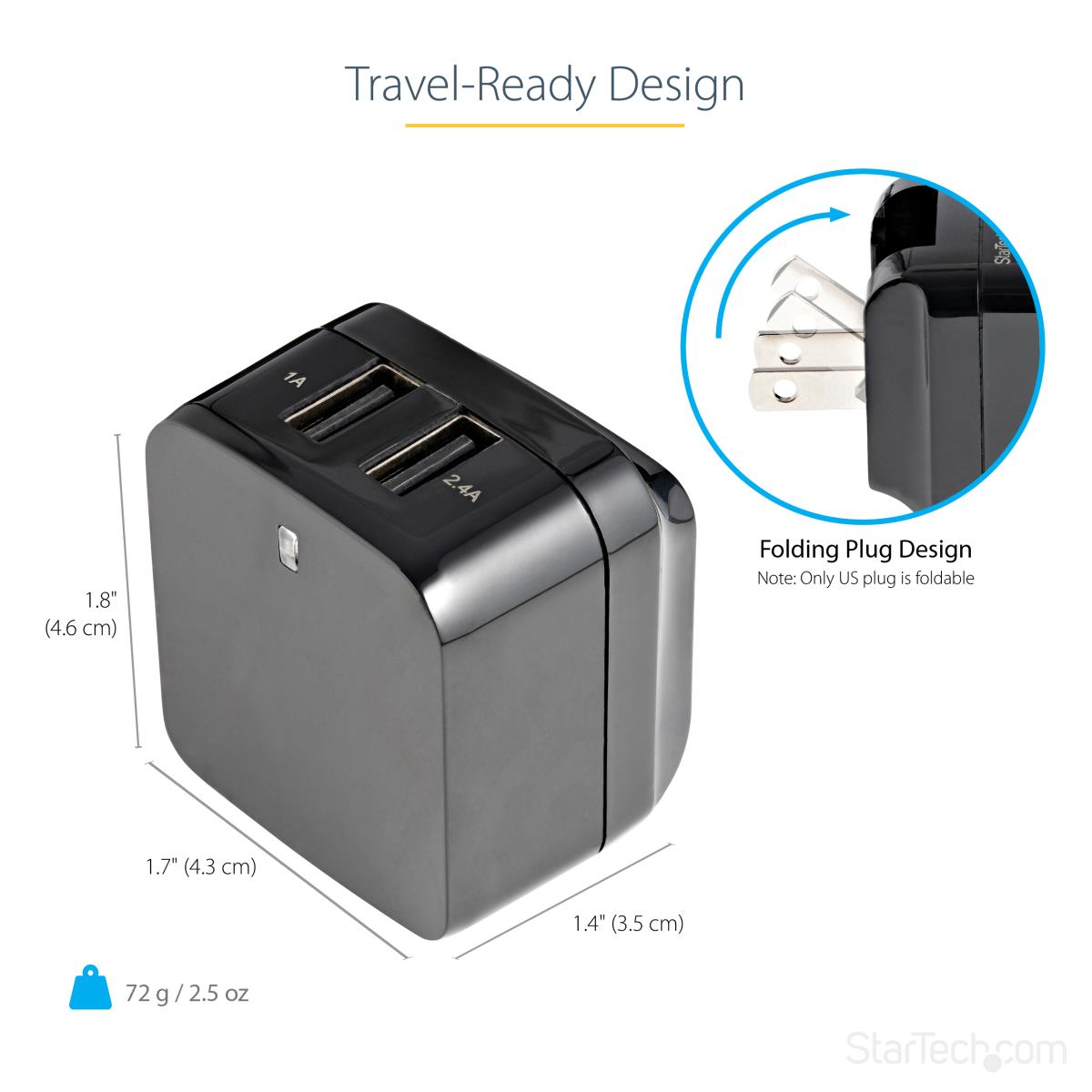 STARTECH.COM Dual-port USB Wall Charger - International Travel - 17w/3.4a - Black