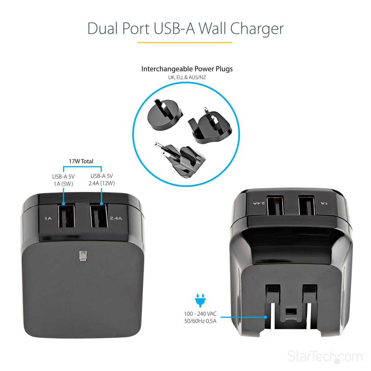 STARTECH.COM Dual-port USB Wall Charger - International Travel - 17w/3.4a - Black