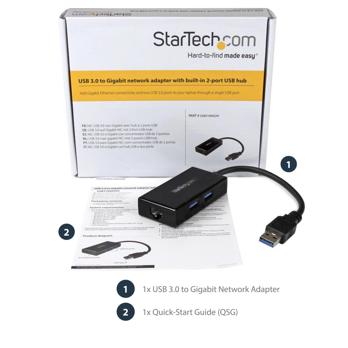 STARTECH.COM Network Adapter USB 3.0 To Gigabit With Built-in 2-port USB Hub