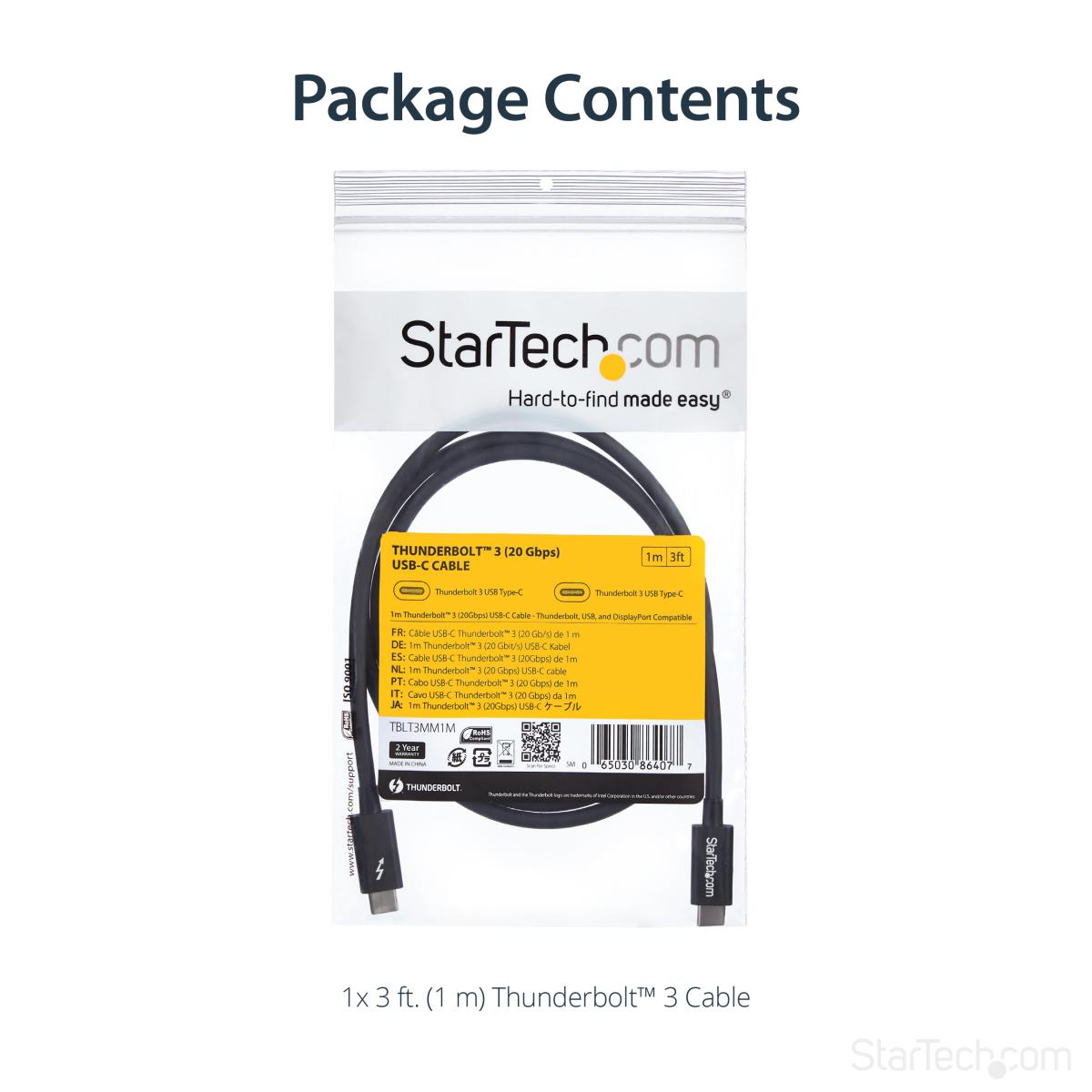 STARTECH.COM Thunderbolt 3 USB-c Cable (20gbps) 1m - Thunderbolt USB And DisplayPort Compatible