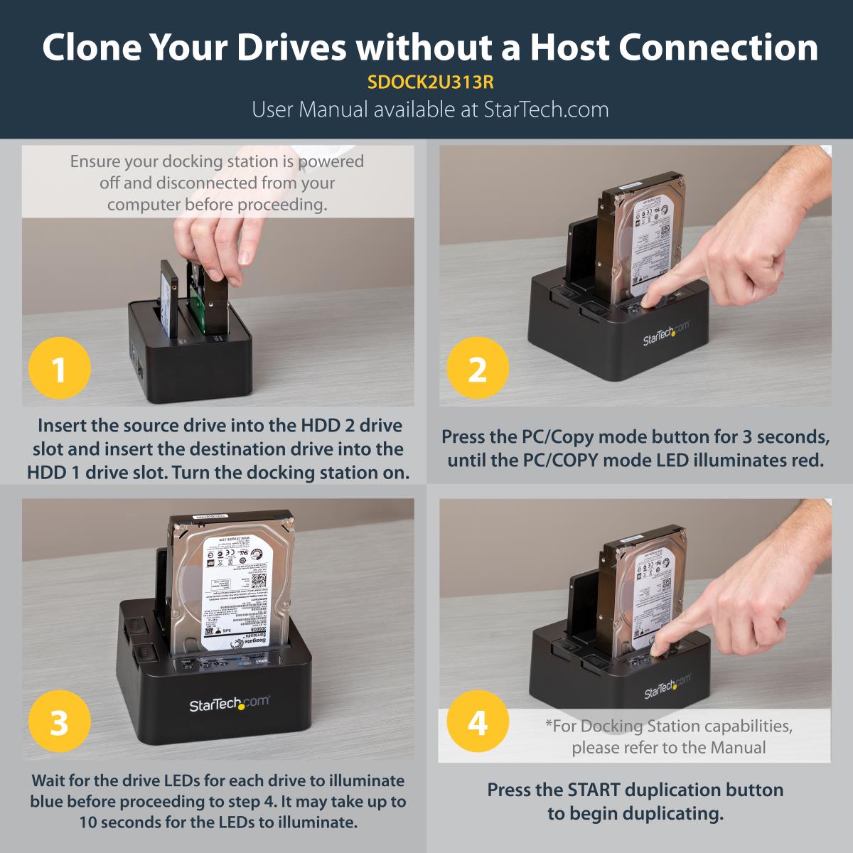 STARTECH.COM Dock - Standalone Duplicator USB 3.1 (10gbps) For 2.5in & 3.5in SATA SSD/HDD Drives - HDD Cloner