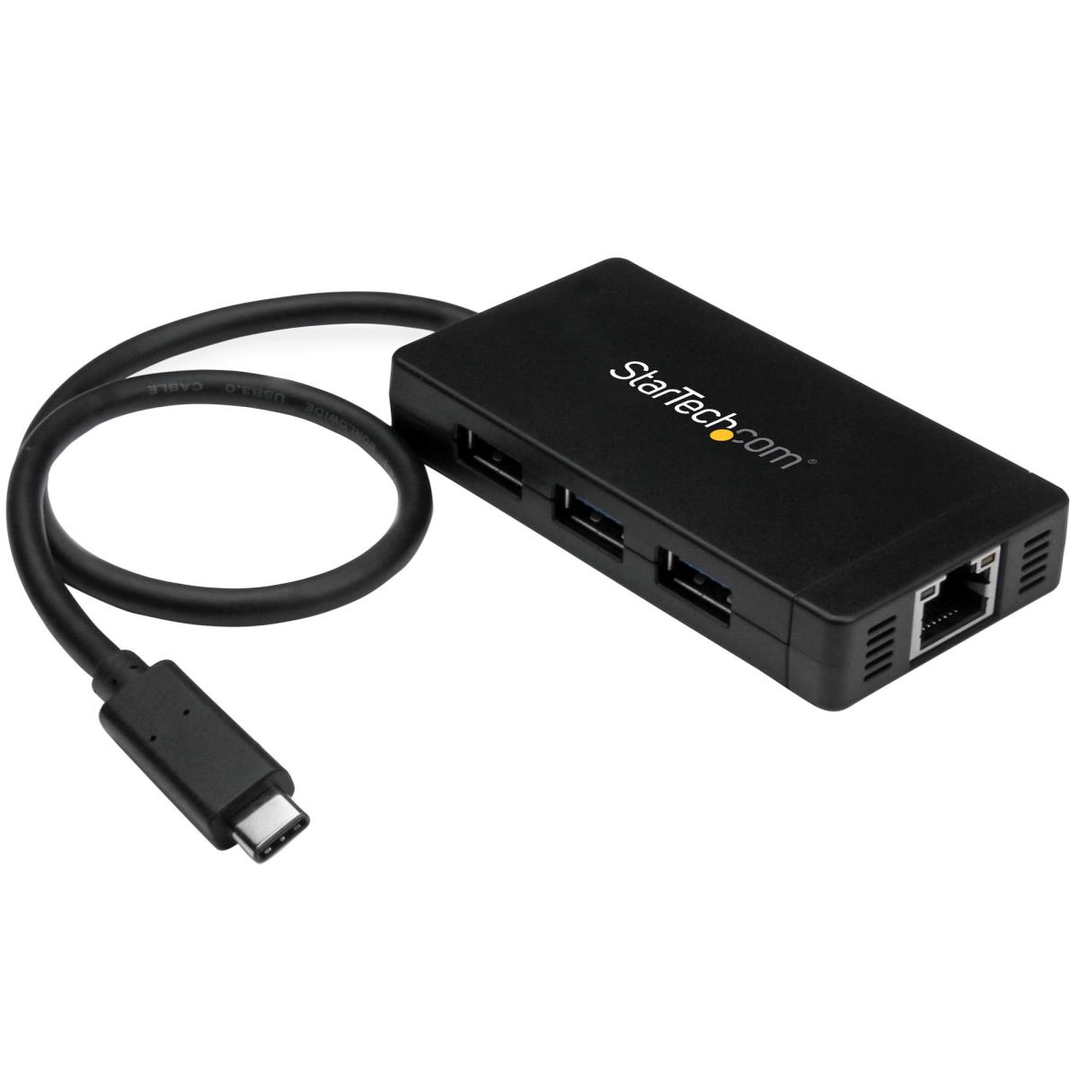 STARTECH.COM Hub Plus 3-port USB 3.0 Gigabit Ethernet - USB-C - Includes Power Adapter Black