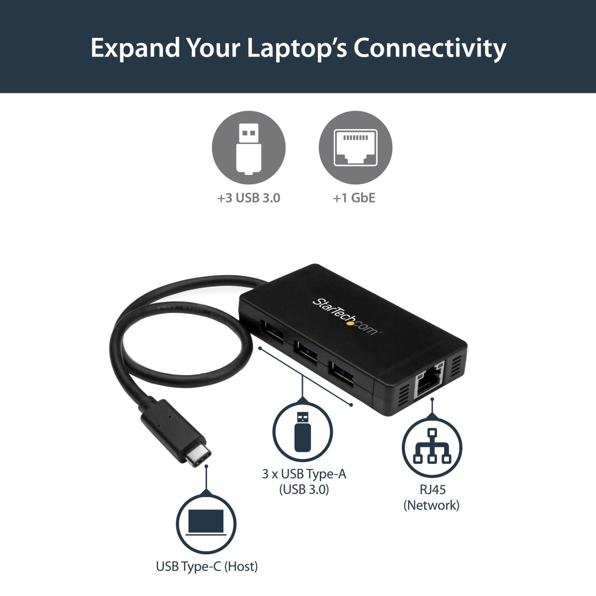 STARTECH.COM Hub Plus 3-port USB 3.0 Gigabit Ethernet - USB-C - Includes Power Adapter Black