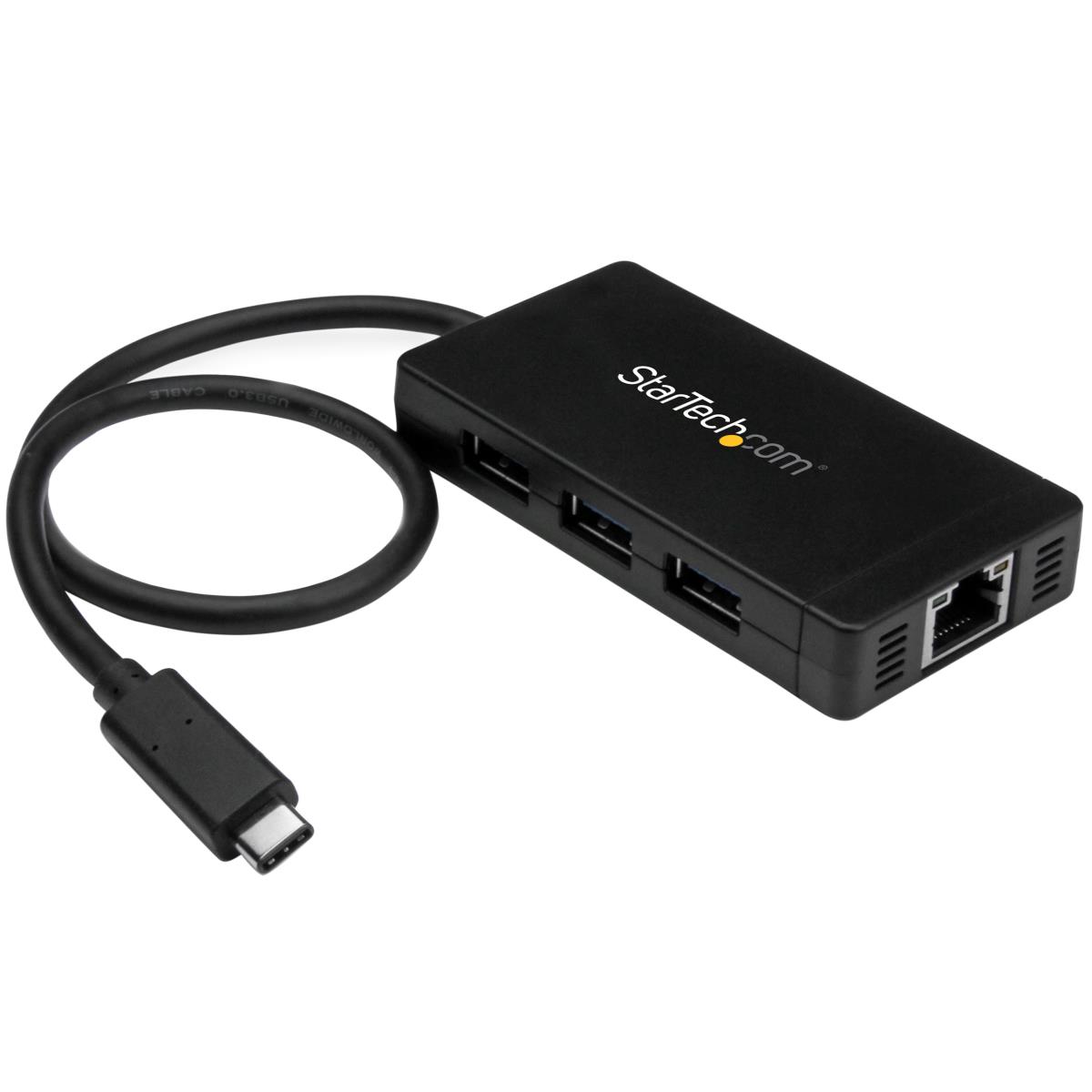 STARTECH.COM Hub Plus 3-port USB 3.0 Gigabit Ethernet - USB-C - Includes Power Adapter Black